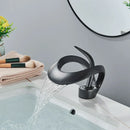 GobekUsa Black Brass Waterfall Basin Faucet, Single Handle Deck Mount Vanity Tap