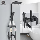 GobekUsa Black Brass Shower Faucet Set Rainfall Bathtub Tap With Bathroom Shelf