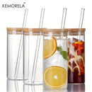 GobekUsa 4-Piece Set Clear Glass Tumbler Cups with Bamboo Lids and Straws - 600ML