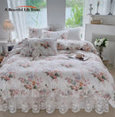 GobekUsa French Floral Print Bedding Set: Duvet Cover, Lace Ruffles, Quilted Embroidery, Pillowcases