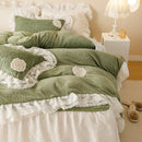 GobekUsa Luxe Carved Velvet Lace Ruffles Bedding Set with Quilted Bed Skirt