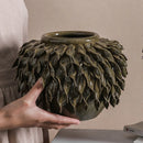 GobekUsa Leaf Relief Ceramic Vase: Hand-made 3D Floral Arrangement Pot