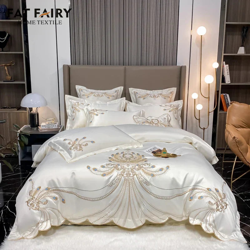 GobekUsa Gold Feather Embroidery Egyptian Cotton Patchwork Bedding Set