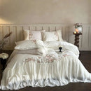 GobekUsa Luxe Lace Ruffles Wedding Bedding Set Flowers Embroidery Duvet Sheet Pillowcase