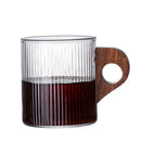 GobekUsa Glass Coffee Mug with Wooden Handle, Japanese-Style Tea Cup, Vertical Stripes