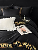 GobekUsa Gold Embroidery Duvet Set, Black Egyptian Cotton Bedding, 1000TC, Double King Queen