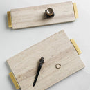GobekUsa Beige Travertine Stone Tray with Golden Metal Handle