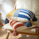 GobekUsa Knit Stripe Cushion Cover 45x45cm with Blue Pink Tassels for Home Decor