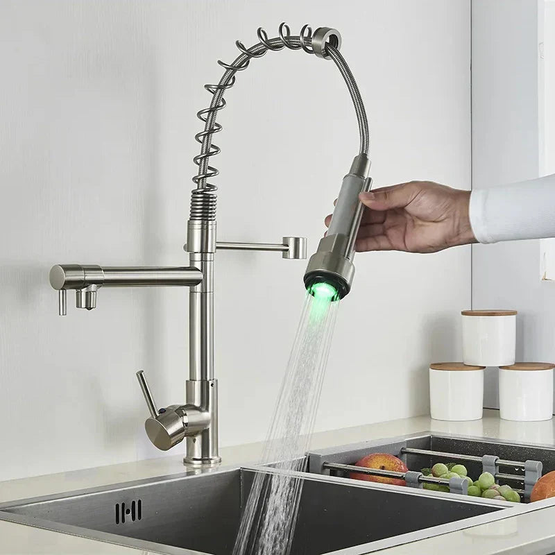 GobekUsa LED Brushed Kitchen Faucet with Pull-Down Spring, Single Handle Swivel Spout, photo 12 of 13