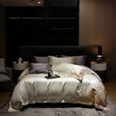 GobekUsa 4-Piece Luxury Embroidery Bedding Set in Pearl White/Grey Satin Brocade Cotton