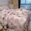 GobekUsa French Rose Flowers Print Lace Ruffles Cotton Bedding Set - Duvet, Bed Skirt, Sheets & Pillowcases