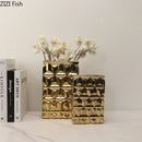 GobekUsa Golden Square Ceramic Vase with Artificial Flowers for Room Aesthetic Decor