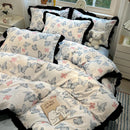 GobekUsa Korean Black White Hepburn Style Bedding Set with Lace Fitted Sheet Set