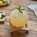 GobekUsa Ball Shape Coffee Juice Cocktail Glasses Cup with Wood Base and Glass Straw