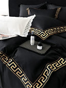 GobekUsa Gold Embroidery Duvet Set, Black Egyptian Cotton Bedding, 1000TC, Double King Queen