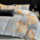GobekUsa Gold Ginkgo Leaf Embroidery Bedding Set - 100% Cotton Luxury 4Pcs
