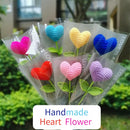 GobekUsa Hand Woven Love Heart Yarn Crochet Flower Bouquet with Green Leafy Branch