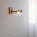 GobekUsa Clear Glass Copper LED Wall Light with Pull Chain Switch & Walnut Wood Canopy