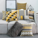 GobekUsa Geometric Canvas Cotton Cushion Cover - Yellow Grey/White Embroidery Square Pillow Cover