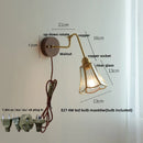 GobekUsa Clear Glass LED Wall Sconce Pull Chain Switch Rotate Arm Walnut Wood Stair Light