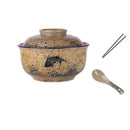 GobekUsa 6.5inch Retro Ceramic Ramen Bowl Set with Lid, Chopsticks, and Spoons
