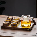 GobekUsa Glass Tea Set with Wooden Handle Teapot on Retro Glass Tray