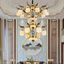 GobekUsa All Copper Jade Chandelier for Villa Living Room, Dining Room - Chinese Style Duplex Copper Lamp