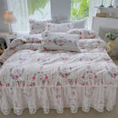 GobekUsa French Floral Print Bedding Set: Duvet Cover, Lace Ruffles, Quilted Embroidery, Pillowcases