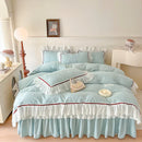 GobekUsa Lace Ruffles Bedding Set: 4pcs Solid Color Princess Quilt Cover, Bed Skirt, 100% Cotton Pillowcase