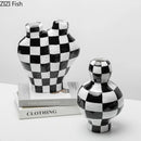 GobekUsa Black White Check Vase Modern Crafts Room Decor Irregular Shaped Desk Decoration