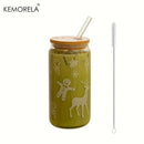 GobekUsa Christmas Themed Glass Beer Can Mug with Lid and Straw | Festive Xmas Tree and Elk Design