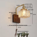 GobekUsa Amber Glass LED Wall Sconce with Walnut Wood, Pull Chain Switch for Living Room