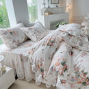 GobekUsa French Floral Print Bedding Set: Duvet Cover, Lace Ruffles, Quilted Embroidery, Pillowcases