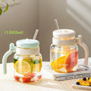 GobekUsa 1000ML Glass Tumbler with Lid, Straw & Handle - Transparent Coffee Cup Water Bottle