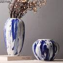 GobekUsa Blue & White Porcelain Vase: Ink Style Flowers, Aesthetic Room Decor