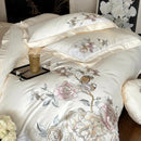 GobekUsa 5-Piece Chinese Flowers Bird Embroidery Bedding Set, 1000TC Egyptian Cotton, Queen King