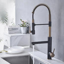 GobekUsa Brushed Gold Kitchen Faucet with Pull Down Black Spring Spout - Hot Cold Mixer