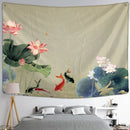 GobekUsa Koi Lotus Ink Tapestry Wall Hanging - Bohemian Aesthetics Home Decor