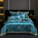 GobekUsa Golden Jacquard Cotton Lace Bedding Set - Silky Soft Duvet Cover, Flat Sheet, Pillowcase
