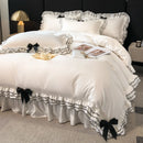 GobekUsa Korean Lace Ruffles Bedding Set with Black Bow Accent