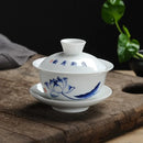 GobekUsa Lotus Hand-Drawn Gaiwan Tea Set - White Porcelain Jingdezhen Teapot Puer Cup