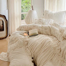GobekUsa French Pleat Lace Ruffles Bedding Set, Velvet Fleece Duvet Cover, Embroidered Flowers
