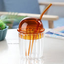 GobekUsa 450ml Striped Glass Cup with Lid and Straw, Ideal for Coffee, Juice, Milk, or Tea