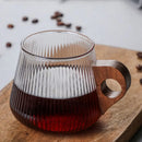 GobekUsa Glass Coffee Mug with Wooden Handle, Japanese-Style Tea Cup, Vertical Stripes