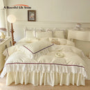 GobekUsa Lace Ruffles Bedding Set: 4pcs Solid Color Princess Quilt Cover, Bed Skirt, 100% Cotton Pillowcase