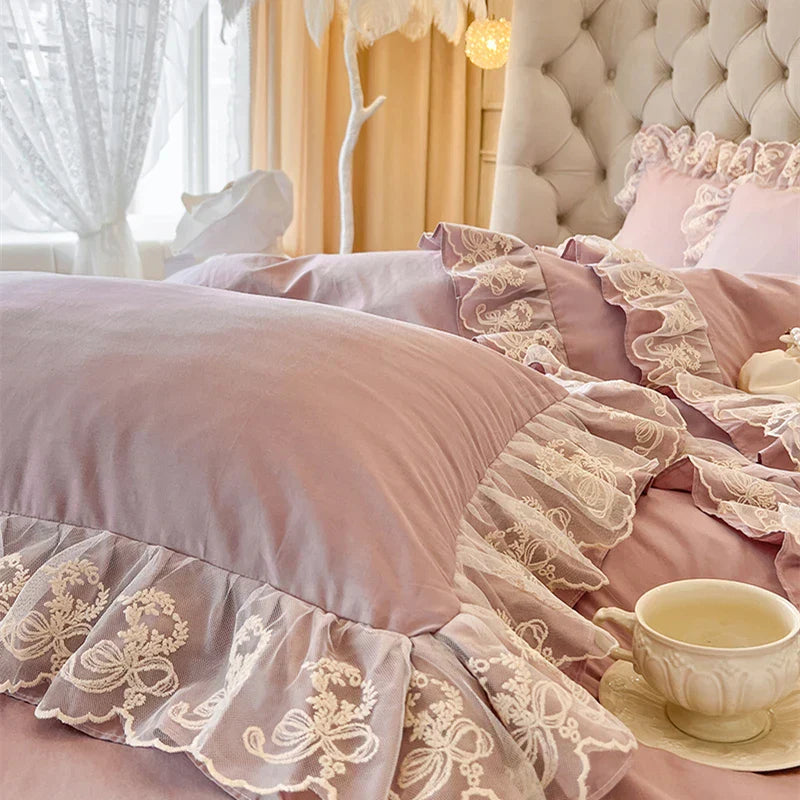 GobekUsa Korean Princess Lace Ruffles Bedding Set in Bean Paste Pink, photo 4 of 11