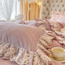 GobekUsa Korean Princess Lace Ruffles Bedding Set in Bean Paste Pink