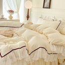 GobekUsa Lace Ruffles Bedding Set: 4pcs Solid Color Princess Quilt Cover, Bed Skirt, 100% Cotton Pillowcase