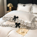 GobekUsa Korean Lace Ruffles Bedding Set with Black Bow Accent