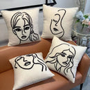 GobekUsa Lambswool Face Embroidered Cushion Cover 45x45 - Beige White Abstract Art Pillowcase